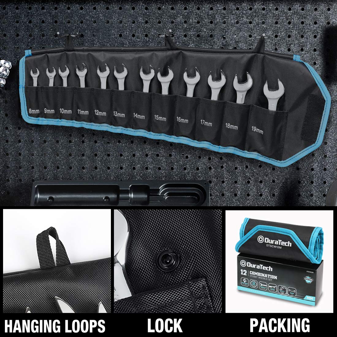 DURATECH wrench set in organizer bag for storage.
