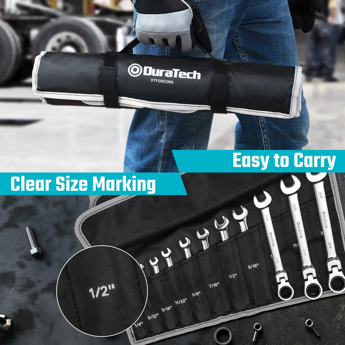 DURATECH wrench set stored securely in roll-up pouch.