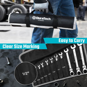 DURATECH wrench set stored securely in roll-up pouch.