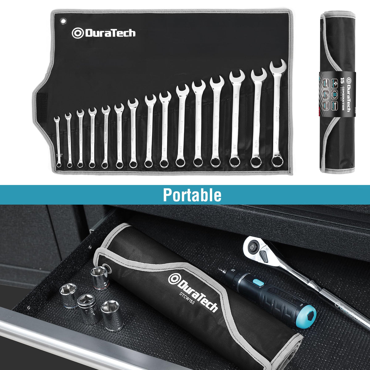 DURATECH wrench set designed for tight spaces and obstructions with 15-degree offset