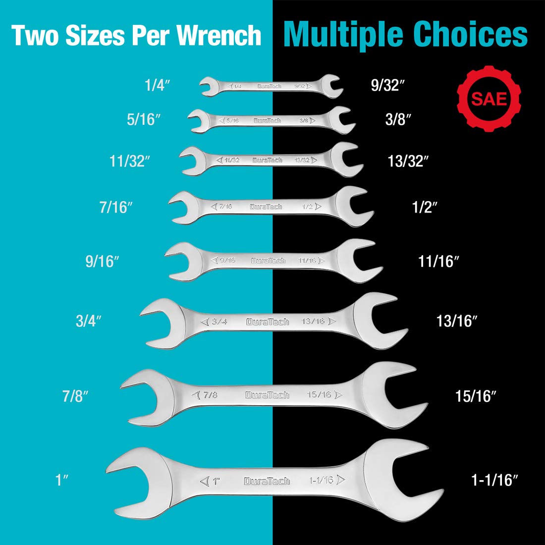 DURATECH wrench sizes stamped on handles for quick identification.