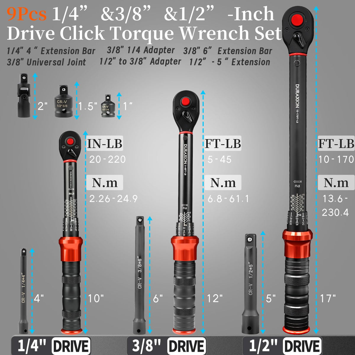 DURAXION 9PCS torque wrench set 1/2 drive accommodates large fasteners.