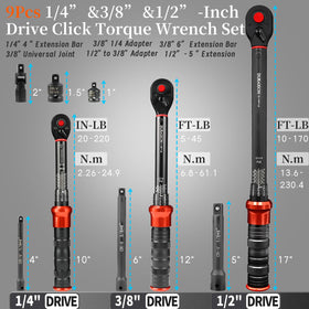 DURAXION 9PCS torque wrench set 1/2 drive accommodates large fasteners.