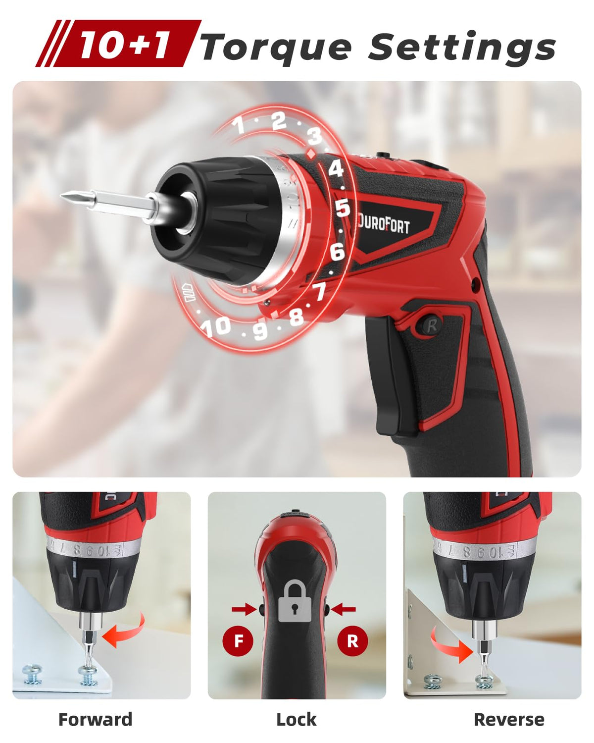 DuroFort cordless screwdriver shows battery level to plan your project.