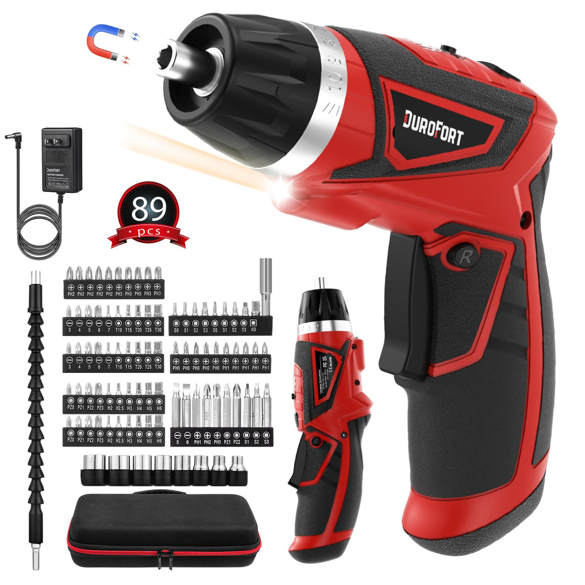 DuroFort 8V cordless screwdriver with LED light for precise work in dim spaces.