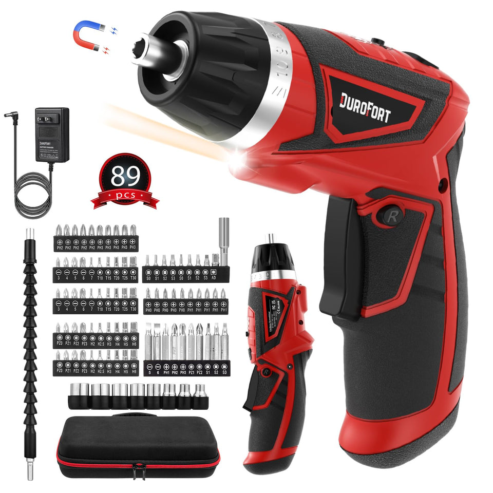 DuroFort 8V cordless screwdriver with LED light for precise work in dim spaces.