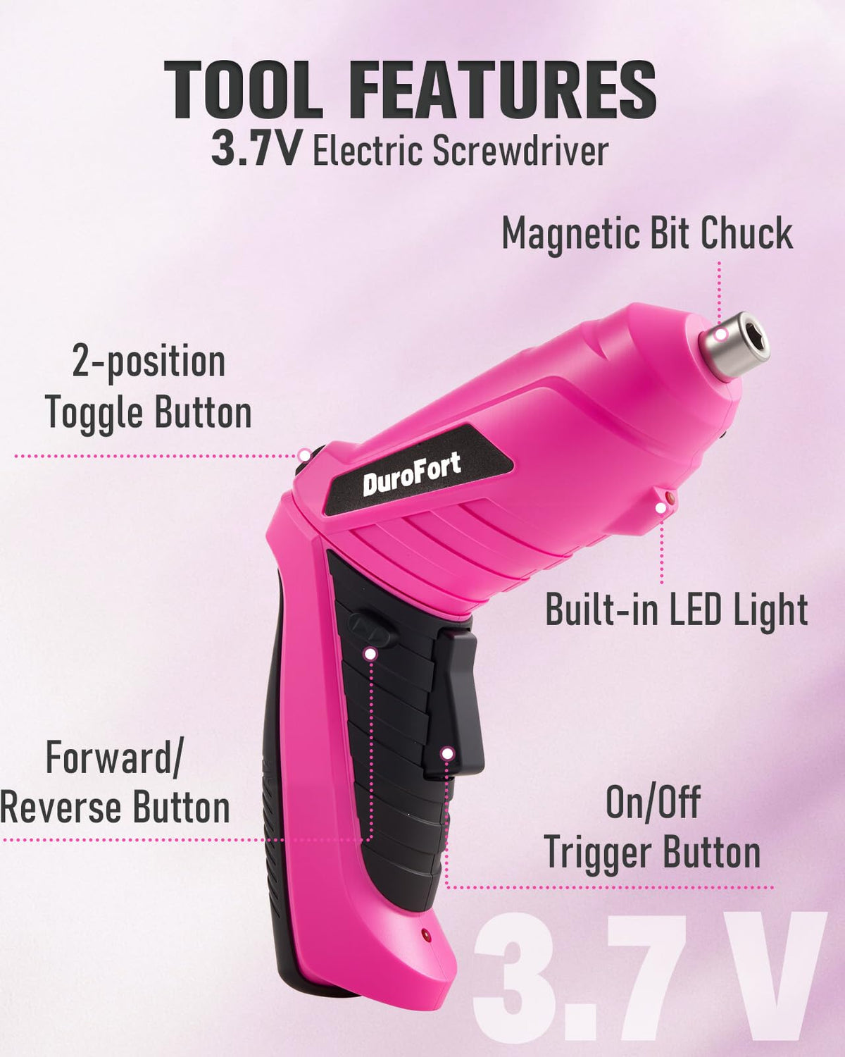 DuroFort pink two-position handle enhances control in tight spaces.