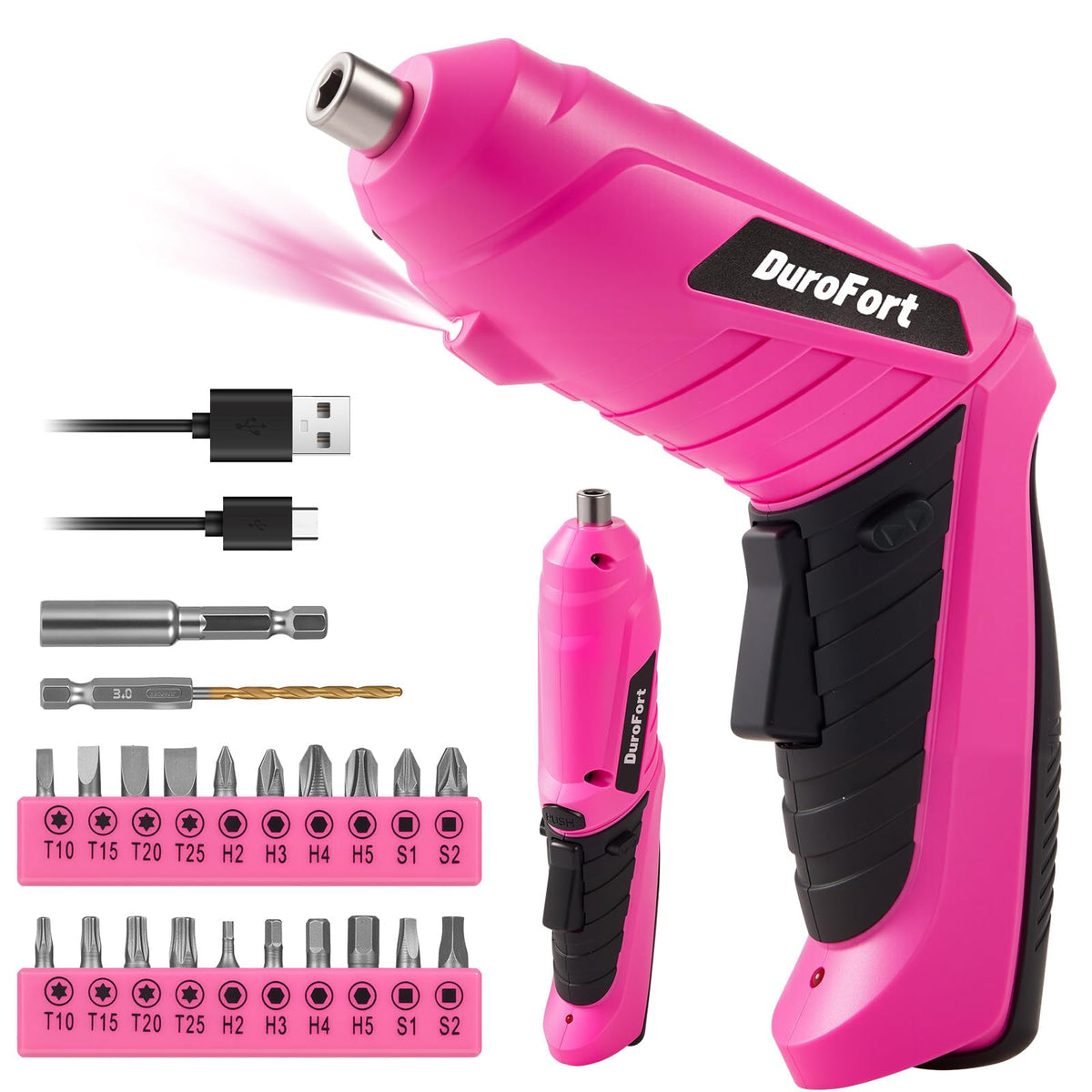 DuroFort pink cordless screwdriver set with ergonomic grip for comfortable DIY tasks.