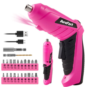 DuroFort pink cordless screwdriver set with ergonomic grip for comfortable DIY tasks.