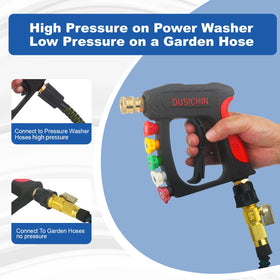 DUSICHIN five nozzle tips stored on wand for versatile cleaning.