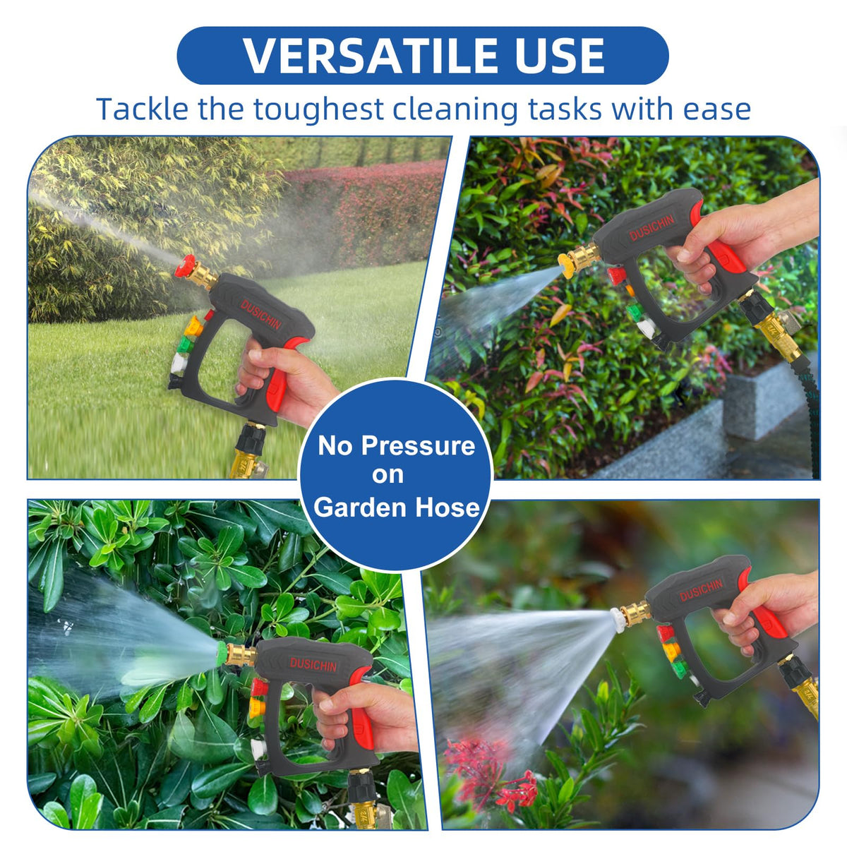 DUSICHIN garden hose adapter enables low-pressure use.