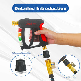 Dusichin garden hose connector shows 3/4 GHT male end for hose compatibility.
