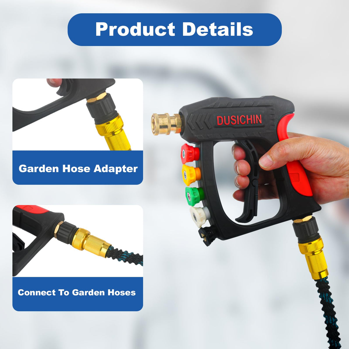 Dusichin connector attached to pressure washer wand enables versatile spray options.