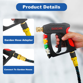 Dusichin connector attached to pressure washer wand enables versatile spray options.