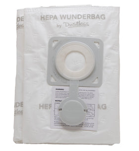 Dustless HEPA Wunderbag barrel pre-filter extends vacuum filter life.