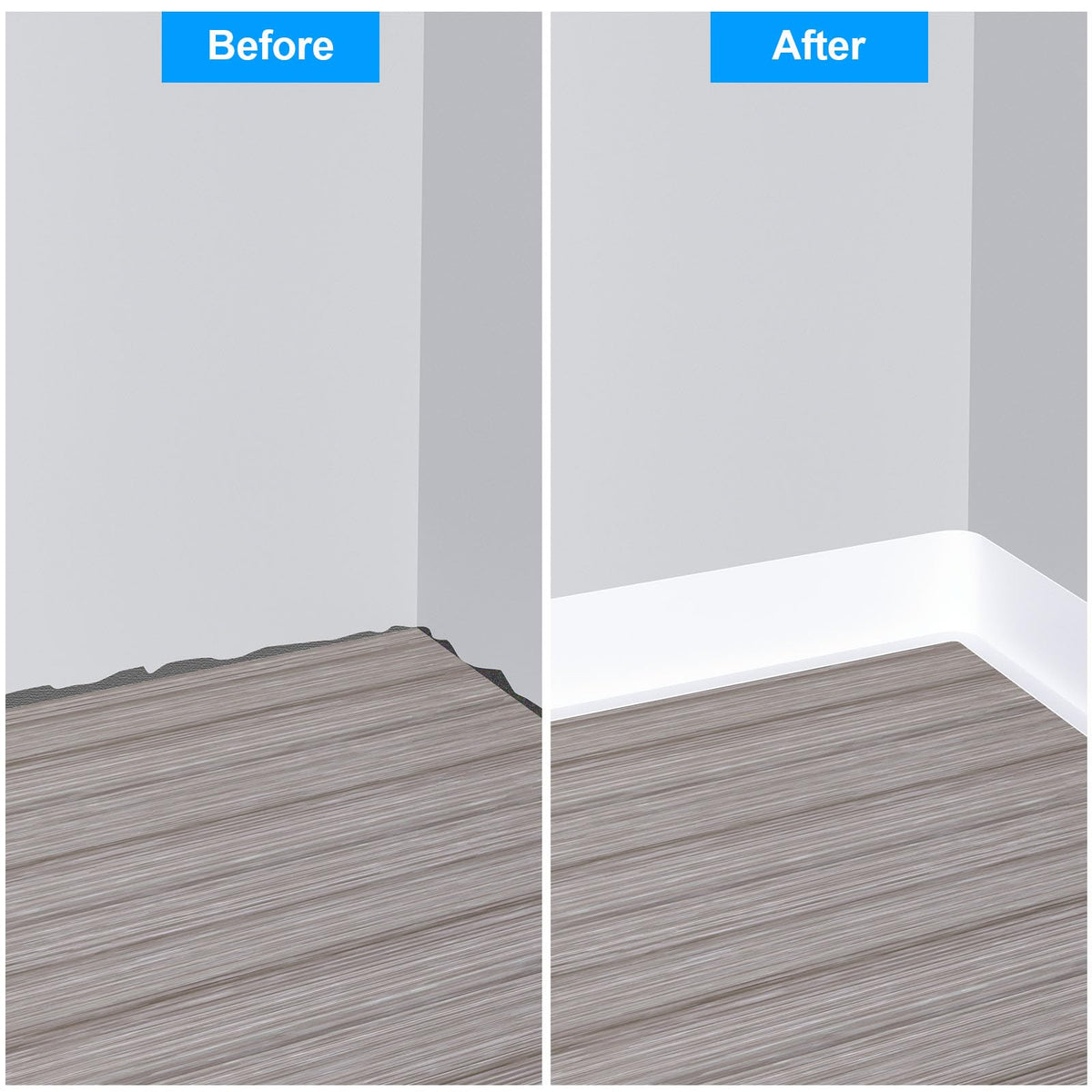 Duzzy baseboard trim cut-to-fit display highlighting easy shaping.