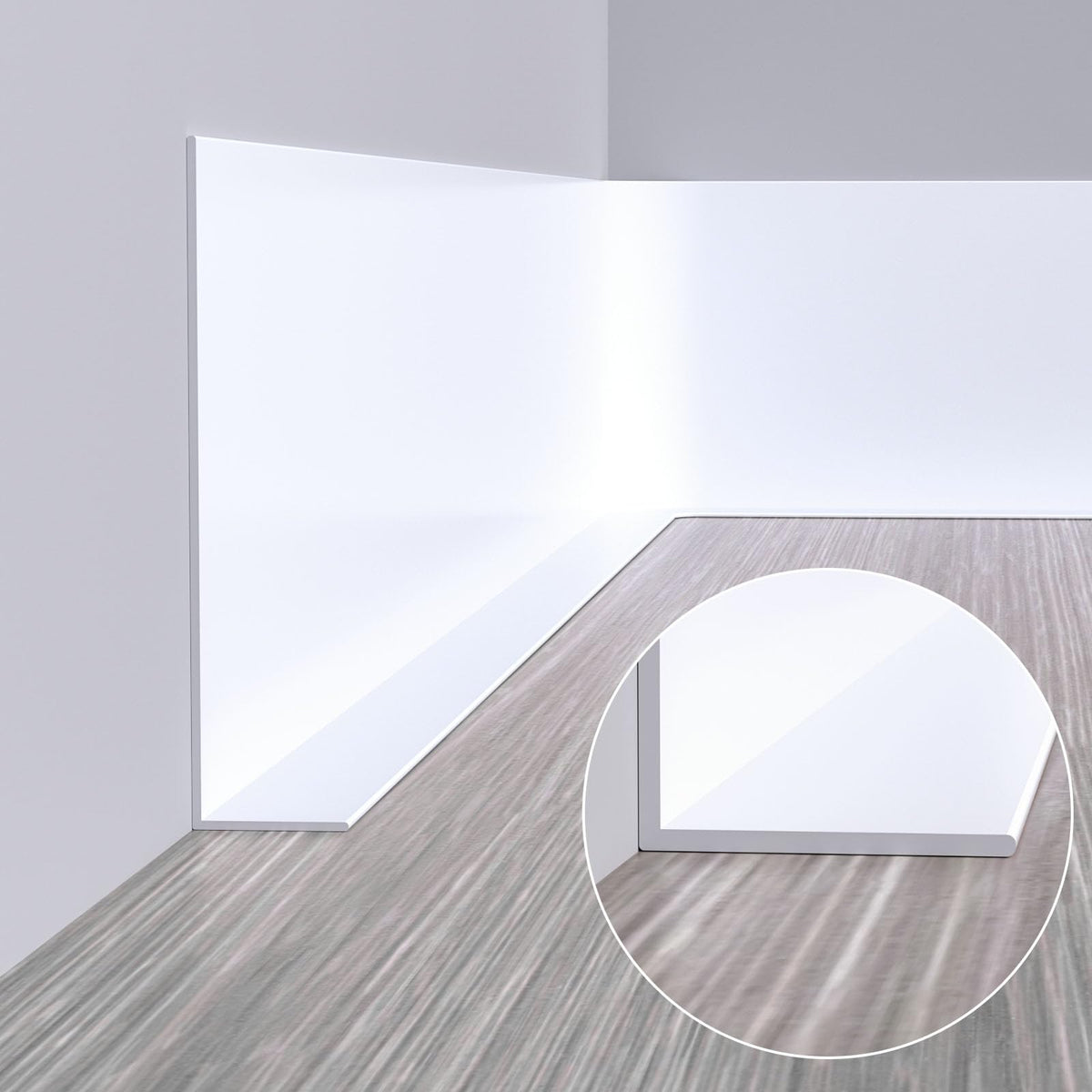 Duzzy baseboard trim, durable vinyl surface resists wear.