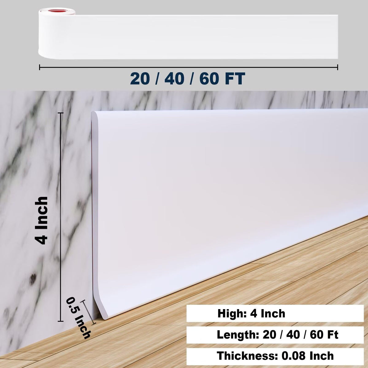 Duzzy baseboard trim self adhesive backing enables quick installation.