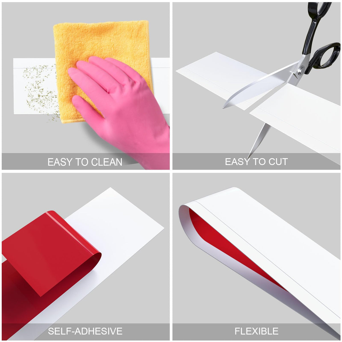 Duzzy baseboard trim, water-resistant vinyl for damp areas.