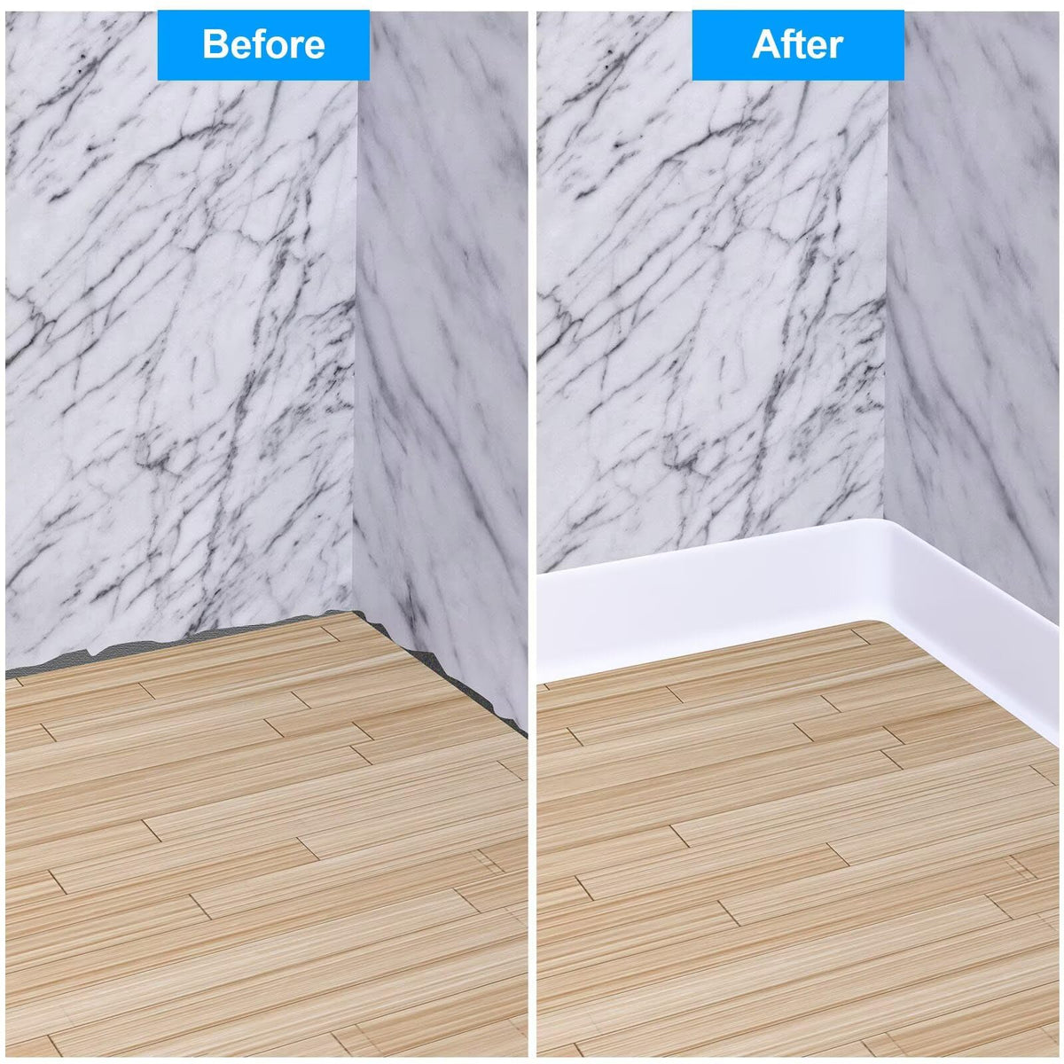 Duzzy vinyl baseboard trim offers durable, scratch resistant edge.