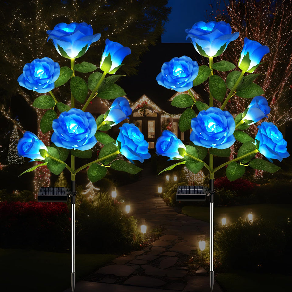 DWH rose LED stake light with seven blue flowers brightens garden paths.