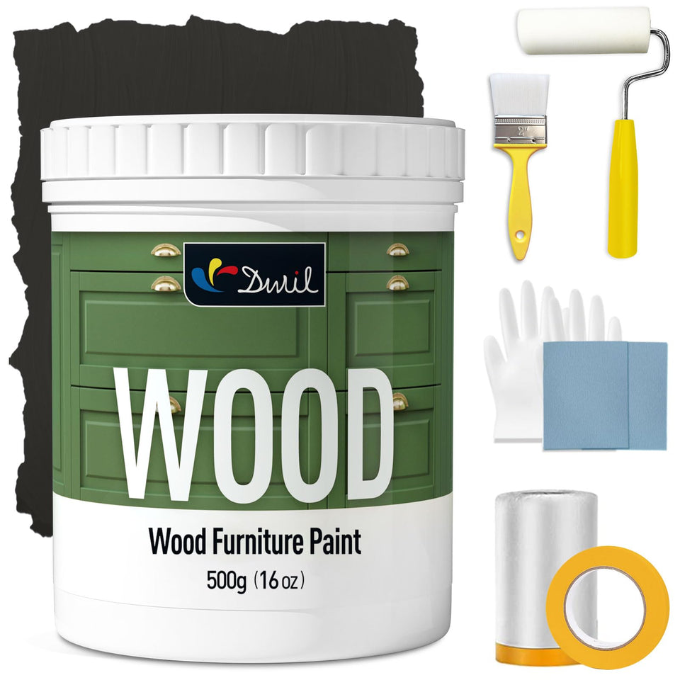 DWIL matte finish paint bottle in black for a smooth wood update
