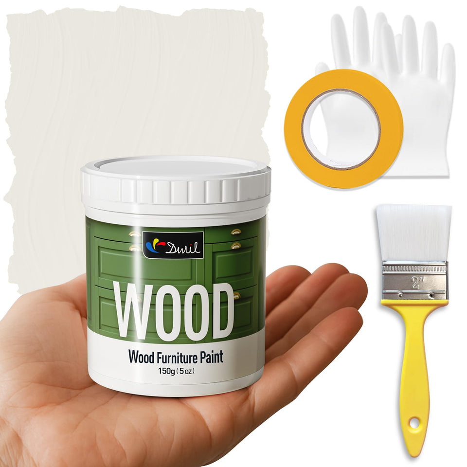 DWIL Ivory White paint bottle offers smooth coverage for cabinets and tables.