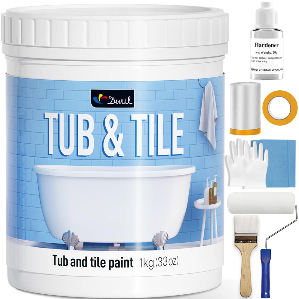 DWIL tub and tile refinishing kit contents for a complete DIY bathroom refresh.