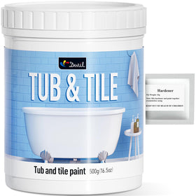 DWIL tub tile paint bottle applying a durable bathroom refresh