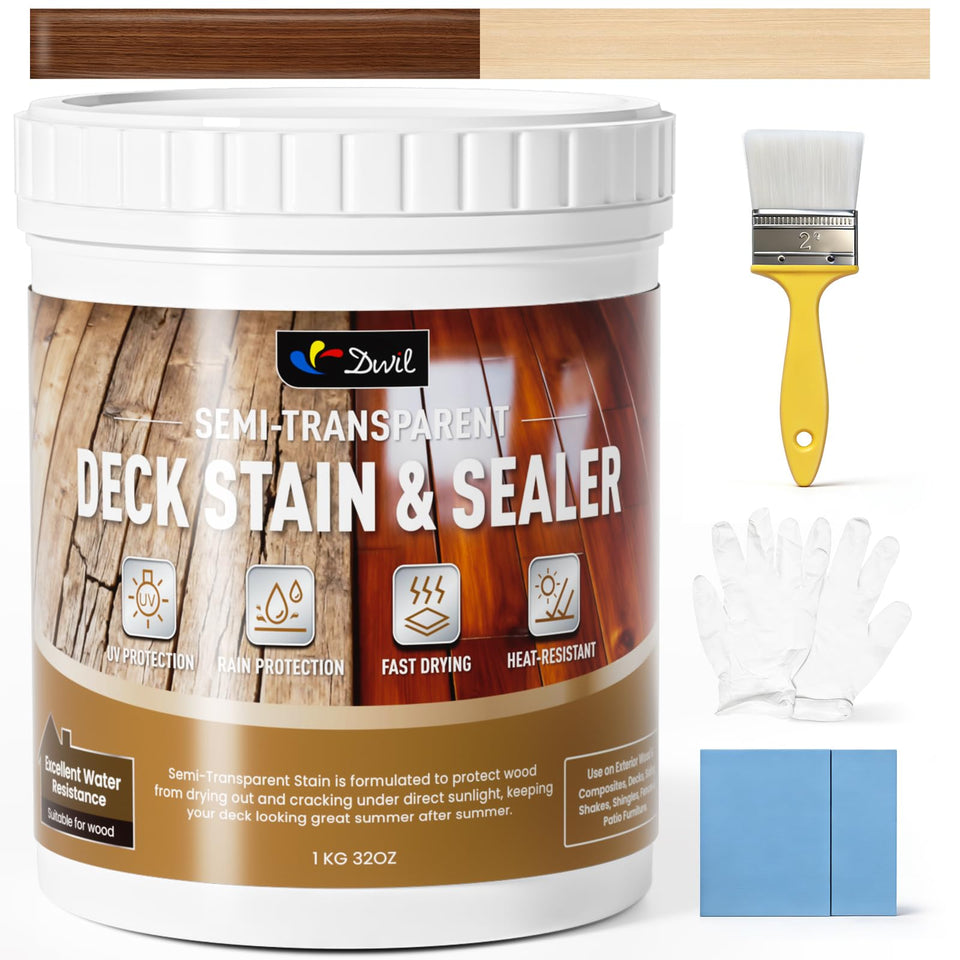 DWIL water-based wood stain on peach wood deck providing rich color and protection.