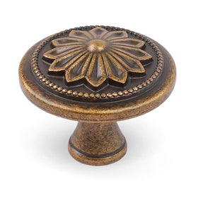 DWYL and LWYD antique brass knob close-up with floral pattern for elegant cabinets