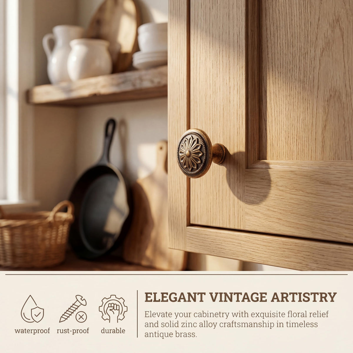 DWYL and LWYD vintage brass finish shine on knob surface for durable appeal