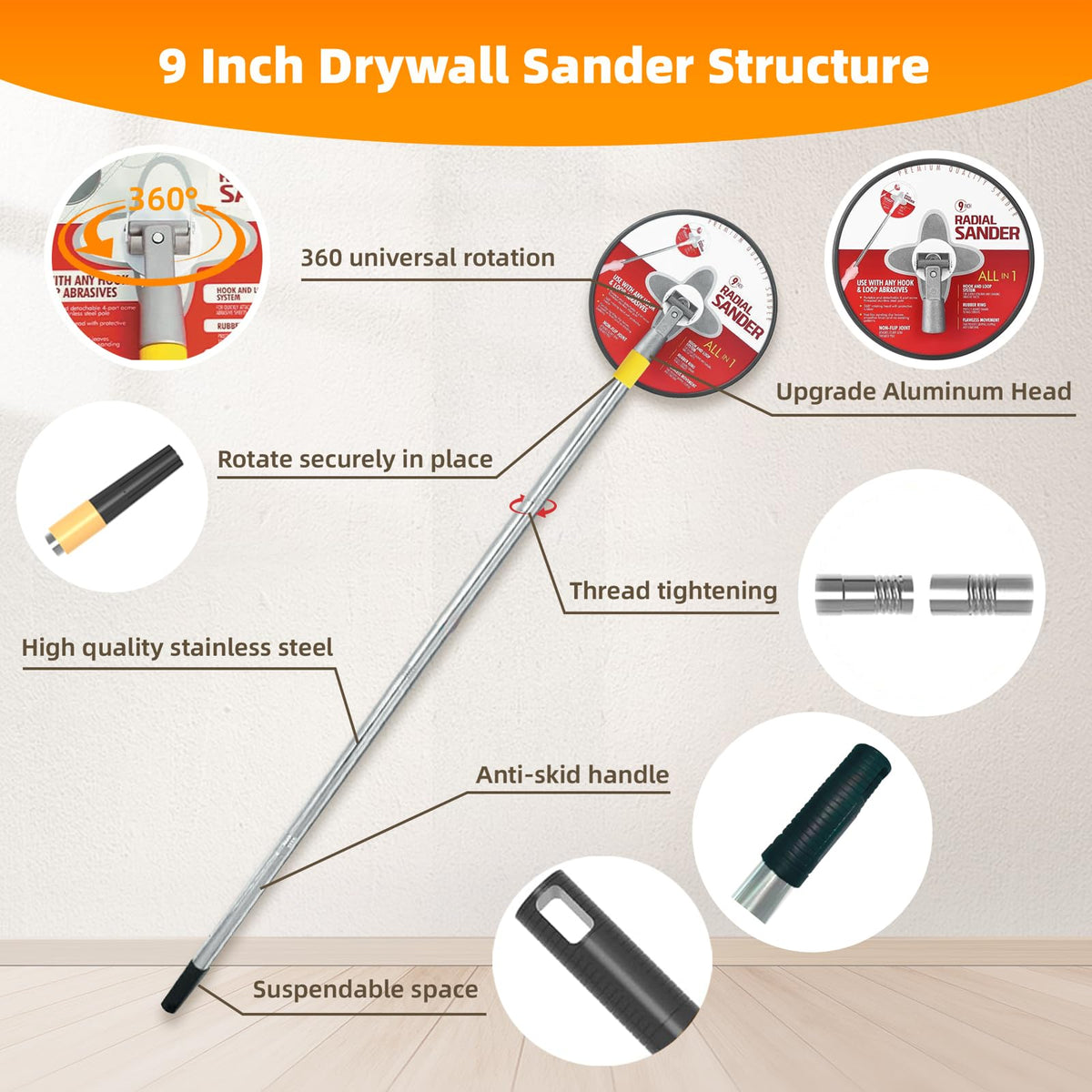 Dwysxia extension pole stainless steel boosts durability during sanding.