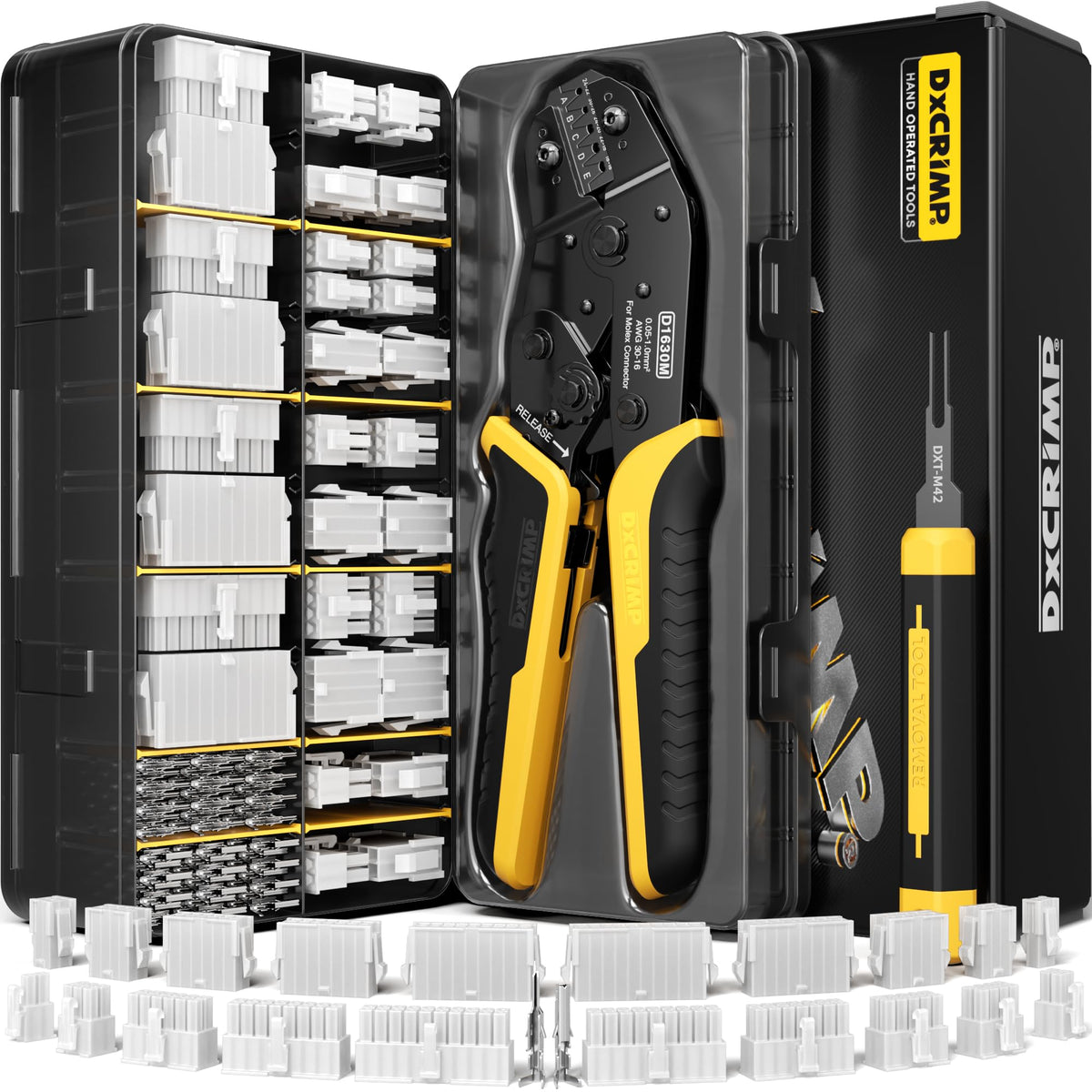 DXCRIMP mini-Fit Jr kit front view for precise professional crimping in tight spaces.