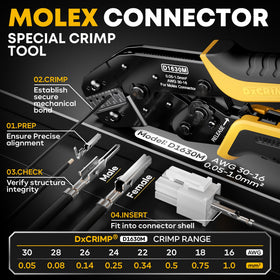 DXCRIMP pliers close-up shows sharp jaws for clean, accurate crimps.