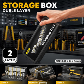 DXCRIMP portable double-layer case open with tools neatly organized.