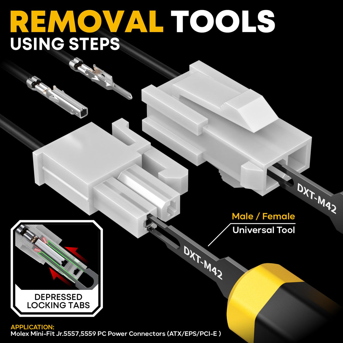 DXCRIMP removal tool close-up shows easy extraction without damage.