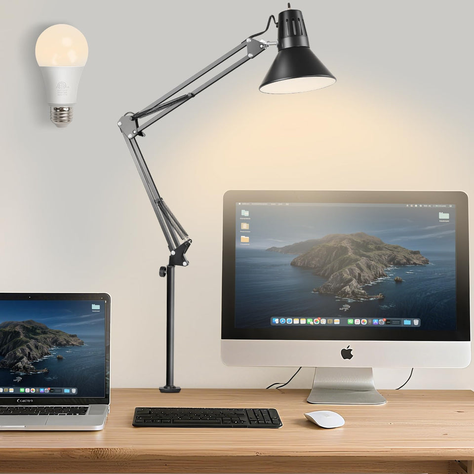 DXOVEEN LED clamp desk lamp with extended swing arm for wide desk coverage