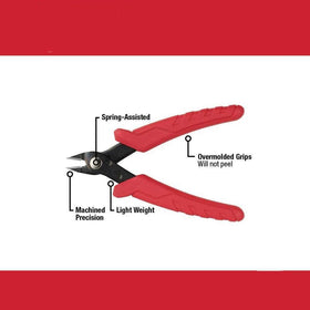 Red and silver handle mini flush cutters in close-up view for grip and control.