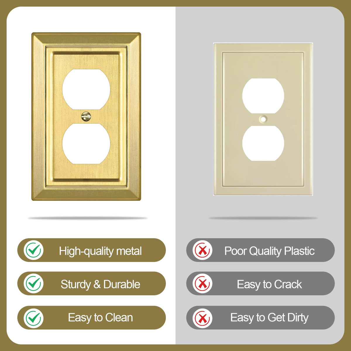 Dyekou brass-gold plate brightens spaces and resists corrosion on 1-gang plates.