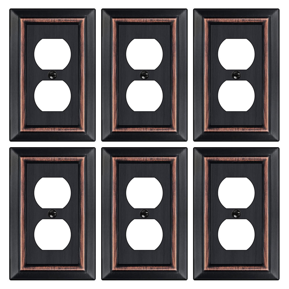 Dyekou metal wall plate front view with aged bronze finish for outlets.