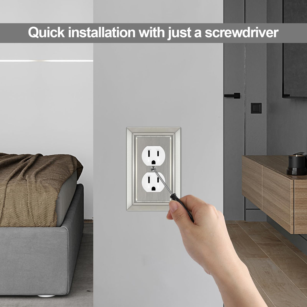 Dyekou metal wall plate showing painted screws for easy mounting.