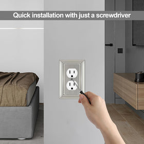 Dyekou metal wall plate showing painted screws for easy mounting.