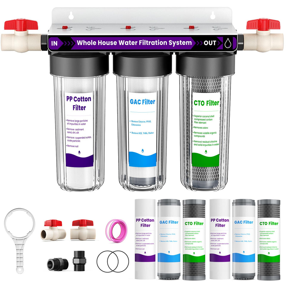 DYLSDFQ whole-house filter system main unit with clear housing for easy debris monitoring.
