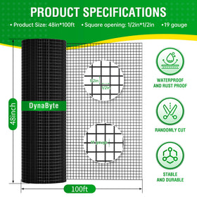 Close-up of 1/2-inch mesh on black vinyl-coated Dynabyte hardware cloth.