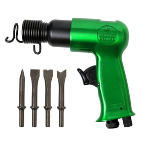 Dynamic Power short-barrel air hammer kit with bolt-cutter chisel for clean metal cuts.
