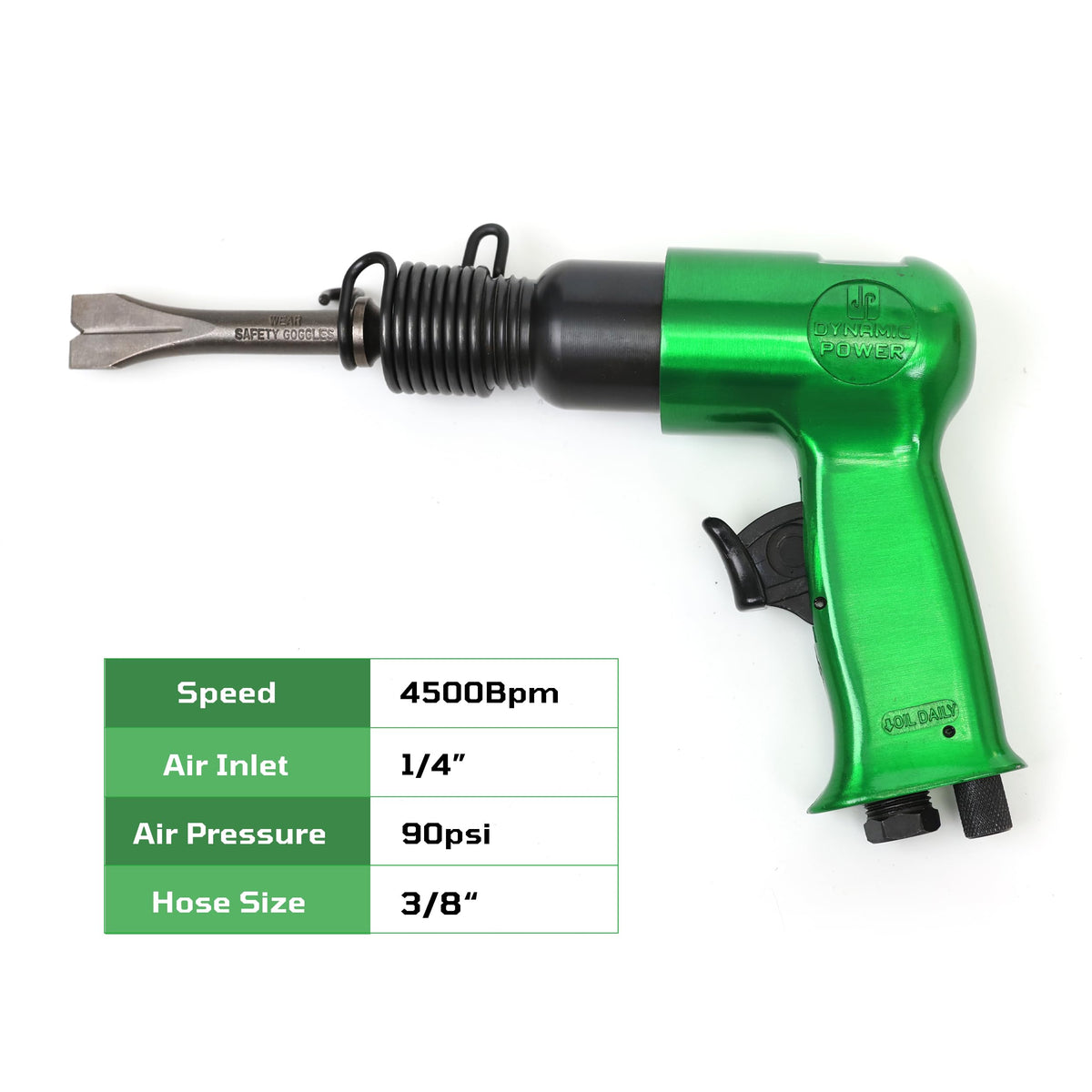 Dynamic Power short-barrel air hammer kit with flat chisel for precise shaping.