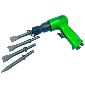 Dynamic Power short-barrel air hammer kit with ripper chisel for rapid metal shaping.