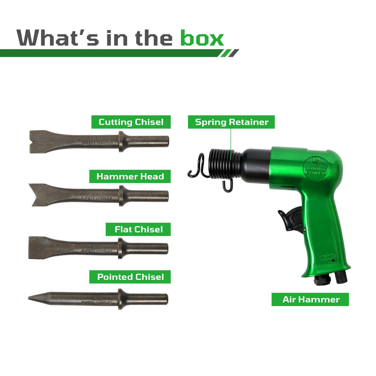 Dynamic Power short-barrel air hammer kit with tapered punch for finishing touches.
