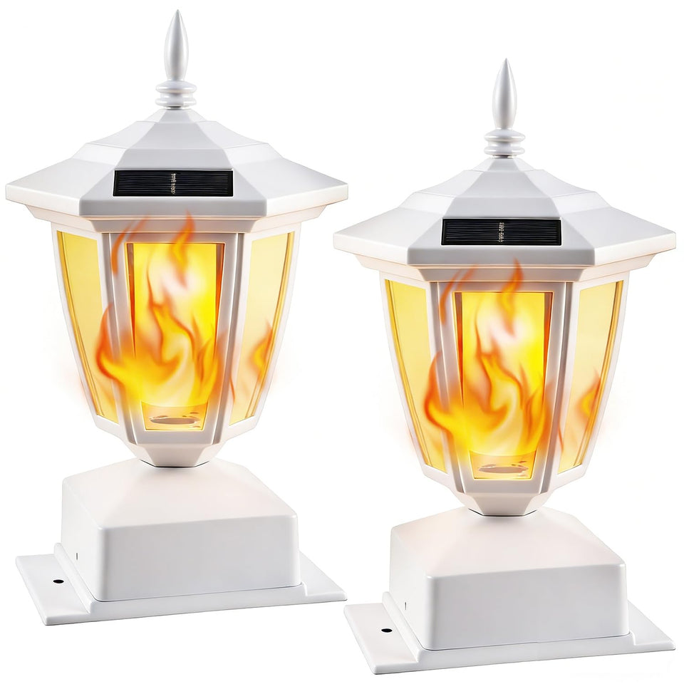 Dynaming 2-pack solar flame post light front view illuminates pathways with warm ambience.